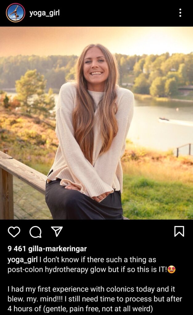 Tydligen uppskattade Rachel Bråthén att få vatten insprutat i stjärten i fyra timmar. I alla fall enligt hennes inlägg på Instagram om hur hon glöder efter sin tarmsköljning.