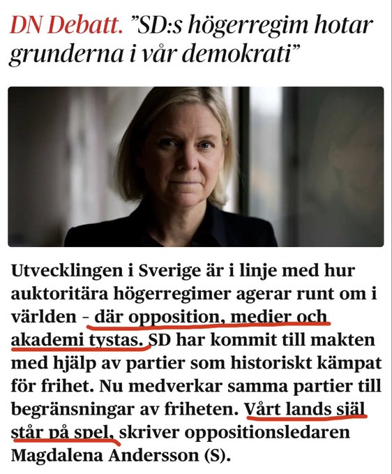 Om jag skulle använda socialdemokraternas partiledare Magdalena Anderssons retorik skulle jag skriva att V:s vänsterregim hotade vår demokrati. Det är mer sant än de lögner som Magdad-Bob säger. 
